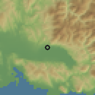 Shaded relief of the 54 km around Kainoúryion, drawn from the GMTED2010 grid