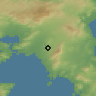 Shaded relief of the 54 km around Kaisarianí, drawn from the GMTED2010 grid