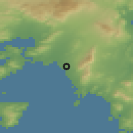 Shaded relief of the 54 km around Kalamákion, drawn from the GMTED2010 grid
