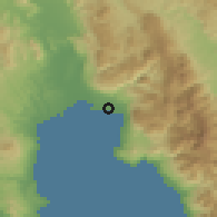 Shaded relief of the 54 km around Kalamáta, drawn from the GMTED2010 grid