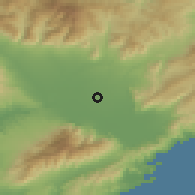 Shaded relief of the 53 km around Kalambákion, drawn from the GMTED2010 grid