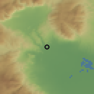 Shaded relief of the 53 km around Kalí, drawn from the GMTED2010 grid