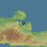Shaded relief of the 55 km around Kalívai, drawn from the GMTED2010 grid
