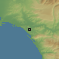 Shaded relief of the 54 km around Kallíkomon, drawn from the GMTED2010 grid