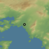 Shaded relief of the 54 km around Kallithéa, drawn from the GMTED2010 grid
