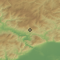 Shaded relief of the 53 km around Kallithéa, drawn from the GMTED2010 grid