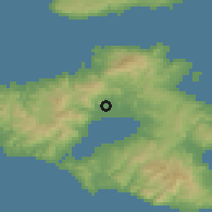 Shaded relief of the 54 km around Kalloní, drawn from the GMTED2010 grid