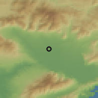 Shaded relief of the 53 km around Kalós Agrós, drawn from the GMTED2010 grid