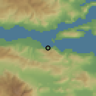 Shaded relief of the 54 km around Kaména Voúrla, drawn from the GMTED2010 grid