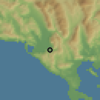Shaded relief of the 54 km around Kanallákion, drawn from the GMTED2010 grid