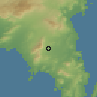Shaded relief of the 54 km around Karellás, drawn from the GMTED2010 grid