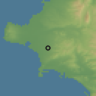 Shaded relief of the 54 km around Amaliás, drawn from the GMTED2010 grid