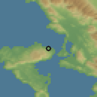 Shaded relief of the 53 km around Kassiópi, drawn from the GMTED2010 grid