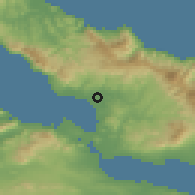 Shaded relief of the 54 km around Kastélla, drawn from the GMTED2010 grid