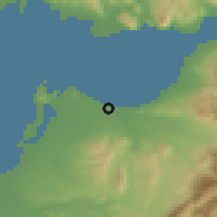 Shaded relief of the 54 km around Káto Akhaía, drawn from the GMTED2010 grid