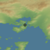 Shaded relief of the 54 km around Ambelákia, drawn from the GMTED2010 grid