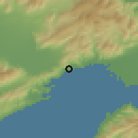 Shaded relief of the 53 km around Kavála, drawn from the GMTED2010 grid