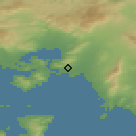 Shaded relief of the 54 km around Keratsínion, drawn from the GMTED2010 grid