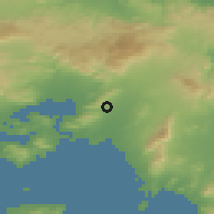 Shaded relief of the 54 km around Khaidárion, drawn from the GMTED2010 grid