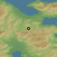 Shaded relief of the 54 km around Khiliomódion, drawn from the GMTED2010 grid