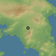 Shaded relief of the 54 km around Kholargós, drawn from the GMTED2010 grid