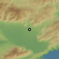 Shaded relief of the 53 km around Khoristí, drawn from the GMTED2010 grid