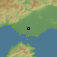 Shaded relief of the 53 km around Khrisokhórion, drawn from the GMTED2010 grid
