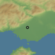 Shaded relief of the 53 km around Khrisoúpoli, drawn from the GMTED2010 grid