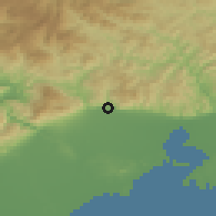 Shaded relief of the 53 km around Kimméria, drawn from the GMTED2010 grid