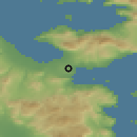 Shaded relief of the 54 km around Kirás Vrísi, drawn from the GMTED2010 grid