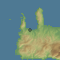 Shaded relief of the 55 km around Kíssamos, drawn from the GMTED2010 grid