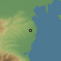 Shaded relief of the 53 km around Kítros, drawn from the GMTED2010 grid