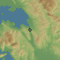 Shaded relief of the 54 km around Amfilokhía, drawn from the GMTED2010 grid