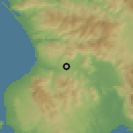 Shaded relief of the 54 km around Kopanáki, drawn from the GMTED2010 grid