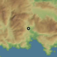 Shaded relief of the 54 km around Ámfissa, drawn from the GMTED2010 grid