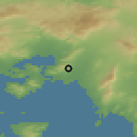 Shaded relief of the 54 km around Koridallós, drawn from the GMTED2010 grid