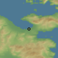 Shaded relief of the 54 km around Kórinthos, drawn from the GMTED2010 grid
