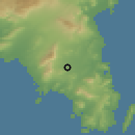 Shaded relief of the 54 km around Koropíon, drawn from the GMTED2010 grid