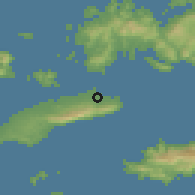 Shaded relief of the 54 km around Kos, drawn from the GMTED2010 grid