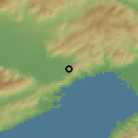 Shaded relief of the 53 km around Amigdaleón, drawn from the GMTED2010 grid