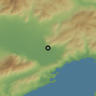 Shaded relief of the 53 km around Krinídes, drawn from the GMTED2010 grid