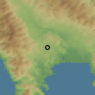 Shaded relief of the 54 km around Krokeaí, drawn from the GMTED2010 grid