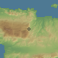 Shaded relief of the 55 km around Krousón, drawn from the GMTED2010 grid