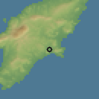 Shaded relief of the 55 km around Lárdos, drawn from the GMTED2010 grid