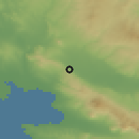 Shaded relief of the 53 km around Layiná, drawn from the GMTED2010 grid