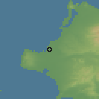Shaded relief of the 54 km around Lekhainá, drawn from the GMTED2010 grid