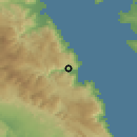 Shaded relief of the 54 km around Leonídion, drawn from the GMTED2010 grid