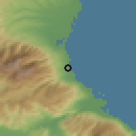 Shaded relief of the 53 km around Leptokariá, drawn from the GMTED2010 grid