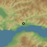 Shaded relief of the 54 km around Liyiás, drawn from the GMTED2010 grid