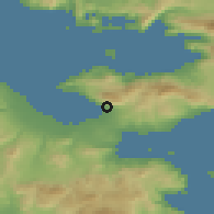 Shaded relief of the 54 km around Loutrákion, drawn from the GMTED2010 grid